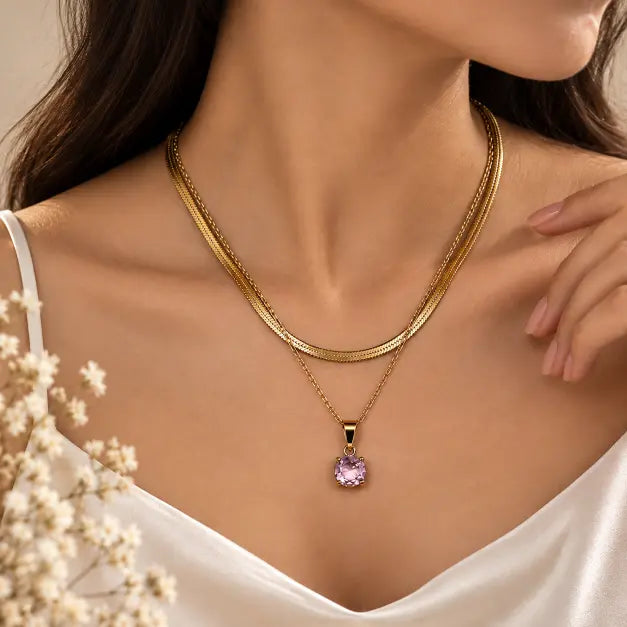 Indian woman wearing Roséa 18K Gold Plated Layered Pink Pendant Necklace – TVAYI