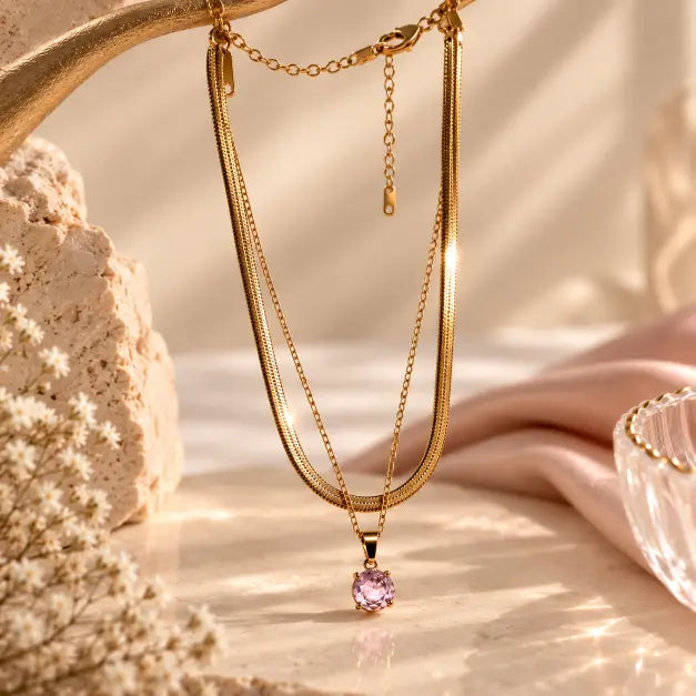 Roséa 18K Gold Plated Layered Necklace hanging detail view with pink stone pendant – TVAYI