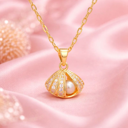 Seashell Pendant Necklace – 18K Gold Plated with CZ Crystals | Demi-Fine Jewellery | Tvayi