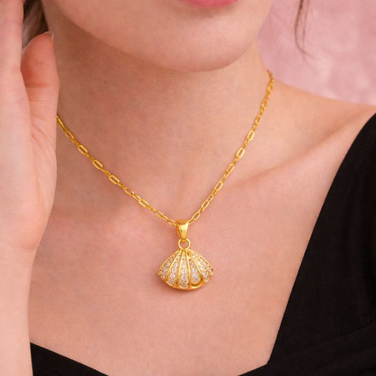 Seashell Pendant Necklace – 18K Gold Plated with CZ Crystals | Demi-Fine Jewellery | Tvayi