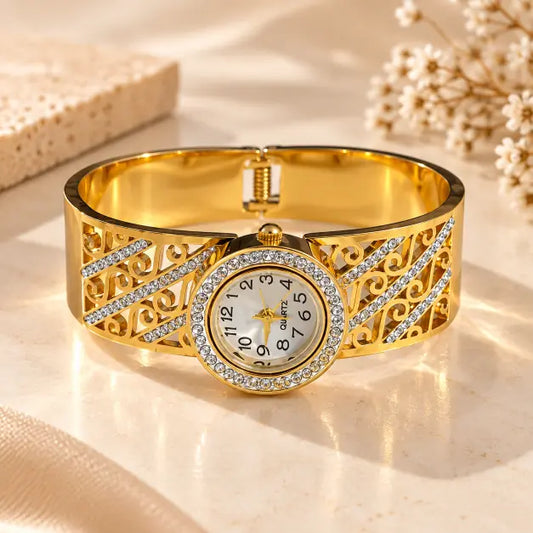 Seraphina 18K Gold Plated Crystal Filigree Bracelet Watch on premium cream background – TVAYI