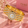 Seraphina Gold Plated Crystal Bracelet Watch detailed filigree design on luxury pink background – TVAYI