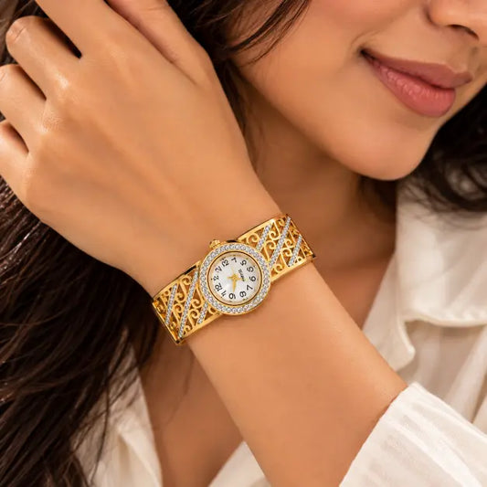 Indian woman wearing Seraphina 18K Gold Plated Crystal Bracelet Watch on wrist – TVAYI