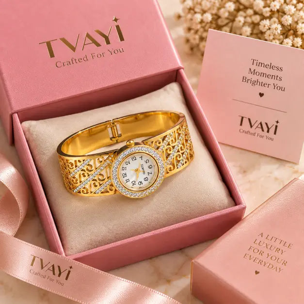 Seraphina 18K Gold Plated Crystal Bracelet Watch in premium pink TVAYI gift box – TVAYI