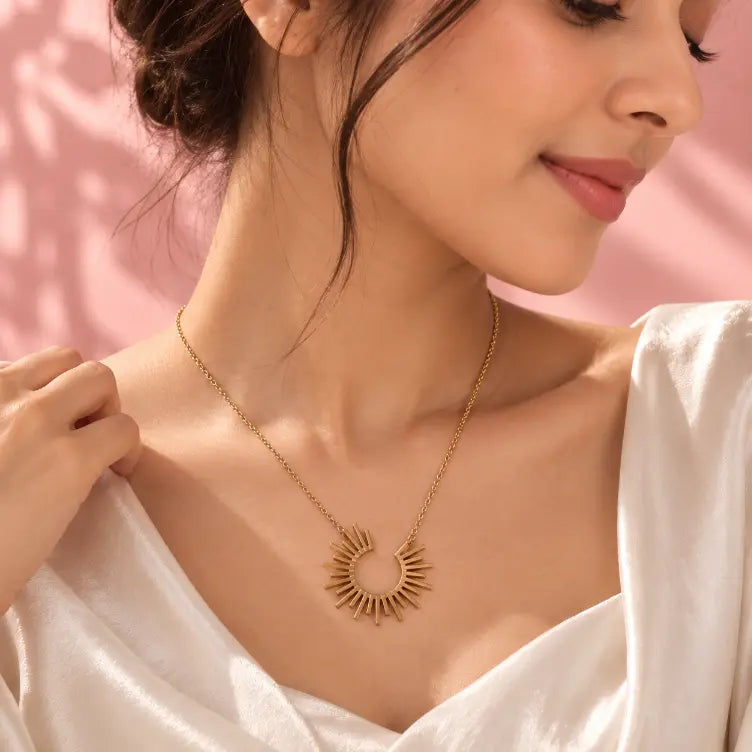 Woman Wearing 18K Gold Plated Pendant Necklace