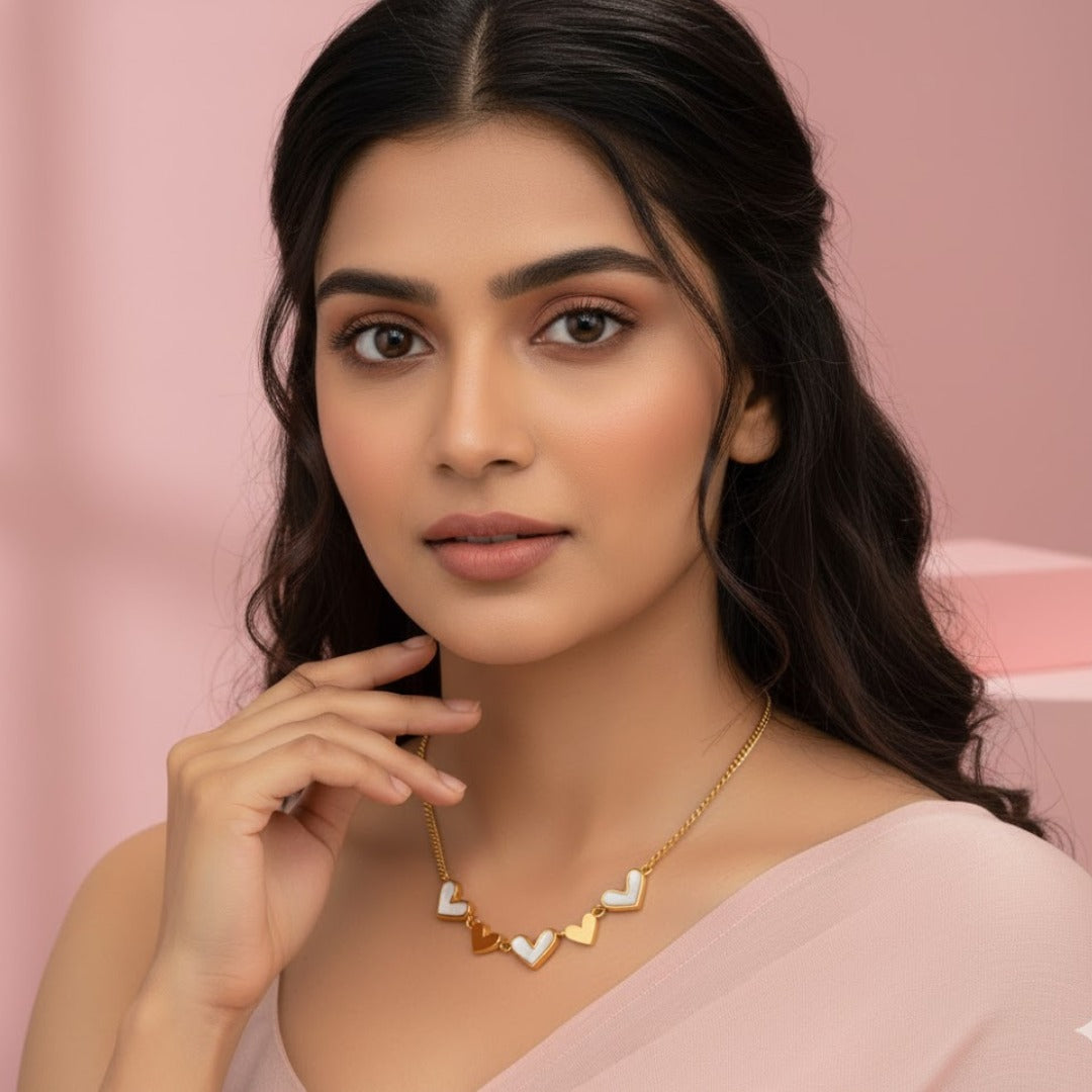 Tvayi Dual Heart Necklace – 18K Gold Plated | White Enamel | Anti-Tarnish Love Chain | Tvayi