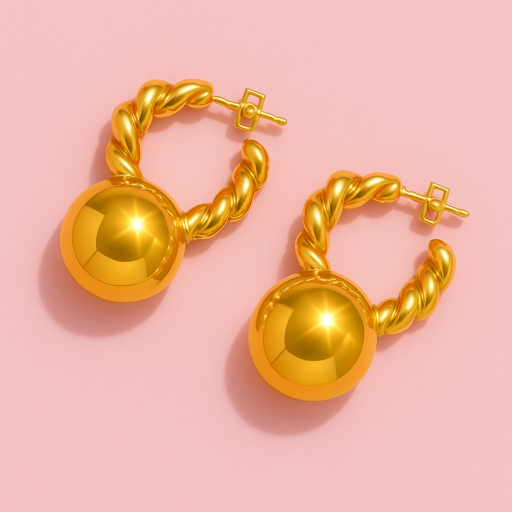 Twisted Gold Hoop Earrings with Bold Sphere Drop | Tvayi