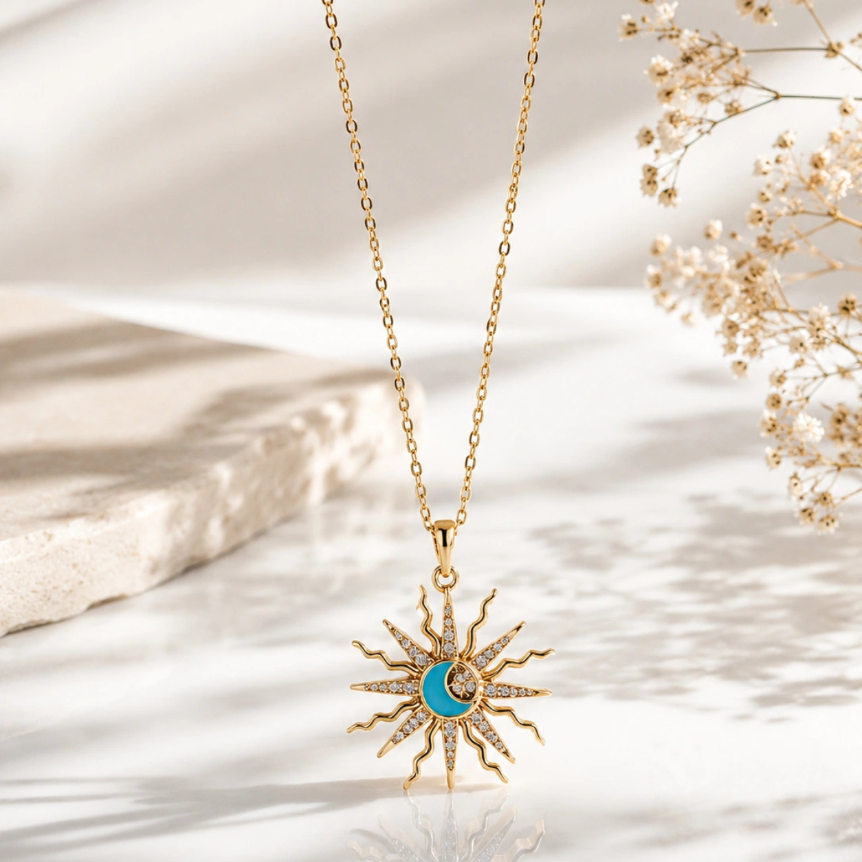 Celestia Sun & Moon Pendant Necklace – 18K Gold Plated | Tvayi