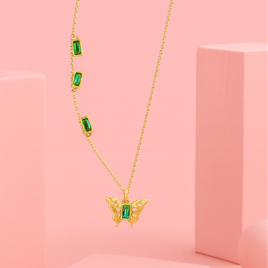 18K Gold Plated Butterfly Green Stone Necklace | Tvayi