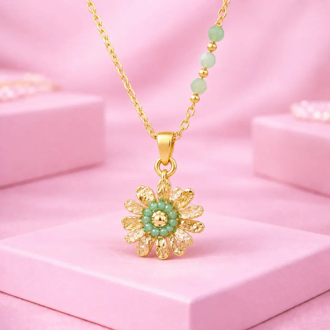 Vintage Floral Pendant Necklace with Green Beads | Gold-Tone Statement Necklace | Tvayi