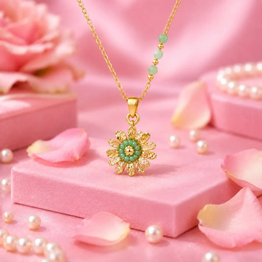 Vintage Floral Pendant Necklace with Green Beads | Gold-Tone Statement Necklace | Tvayi