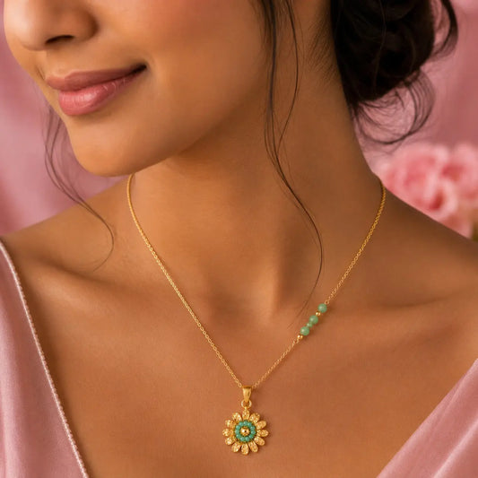 Vintage Floral Pendant Necklace with Green Beads | Gold-Tone Statement Necklace | Tvayi