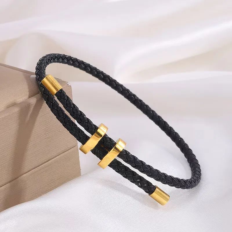 Black Braided Rope Bracelet with Gold-Plated Titanium Accents | Tvayi