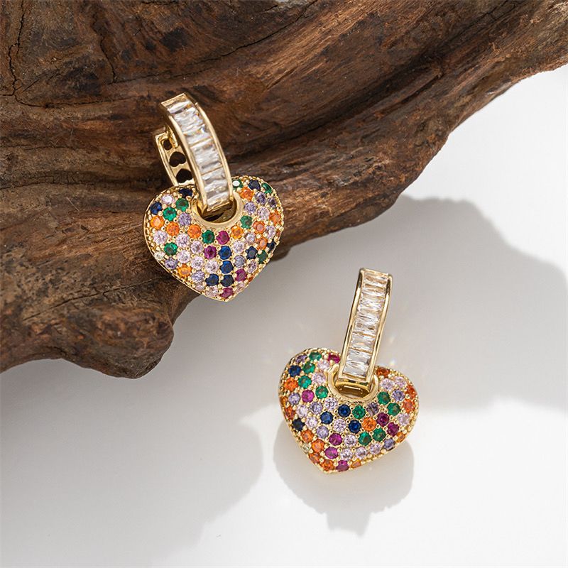 18K Gold-Plated Heart Huggie Hoop Earrings with Multicolored Cubic Zirconia | Tvayi
