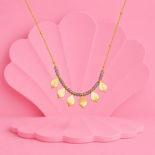 18K Gold Leaf Charm Necklace for Women | Minimalist Beaded Necklace
