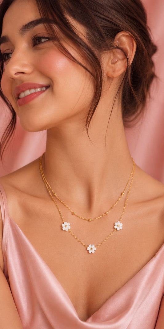 18K Gold Daisy Flower Layered Necklace for Women | Waterproof Jewelry | Tvayi