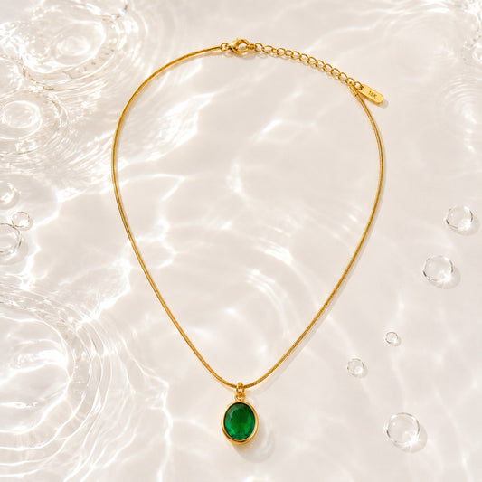 Emerald Green Oval Pendant Gold Necklace | Elegant Minimalist Jewelry