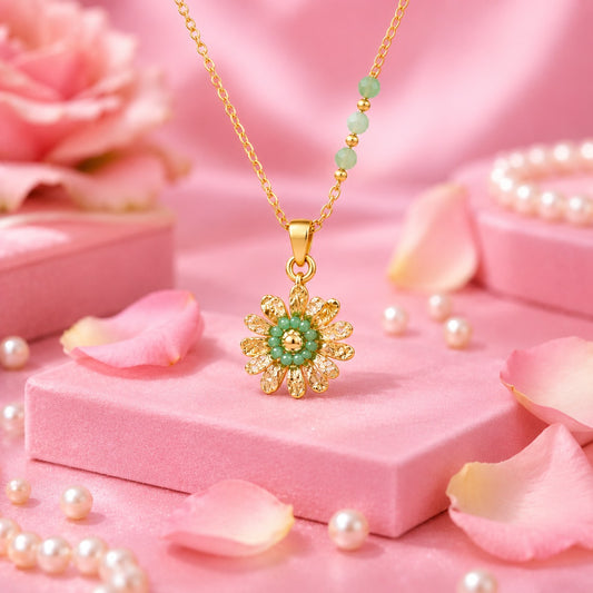 Vintage Floral Pendant Necklace with Green Beads | Gold-Tone Statement Necklace | Tvayi