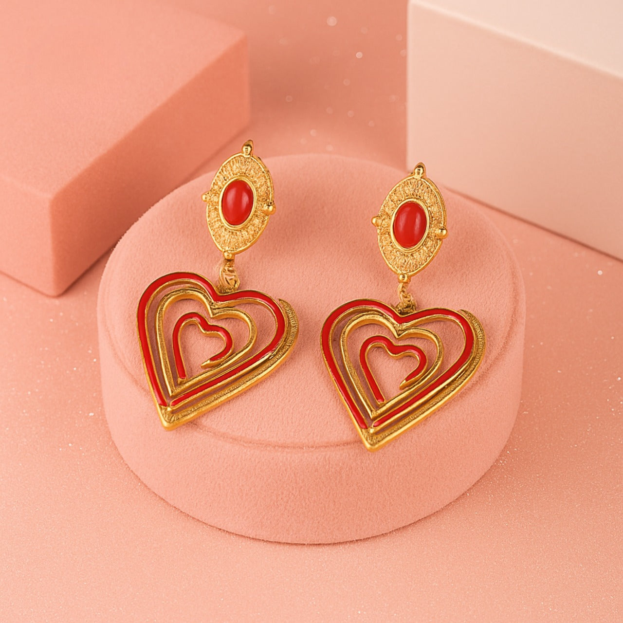 Gold Vermeil Red Heart Drop Earrings | Statement Demifine Anti-Tarnish Jewellery | Tvayi