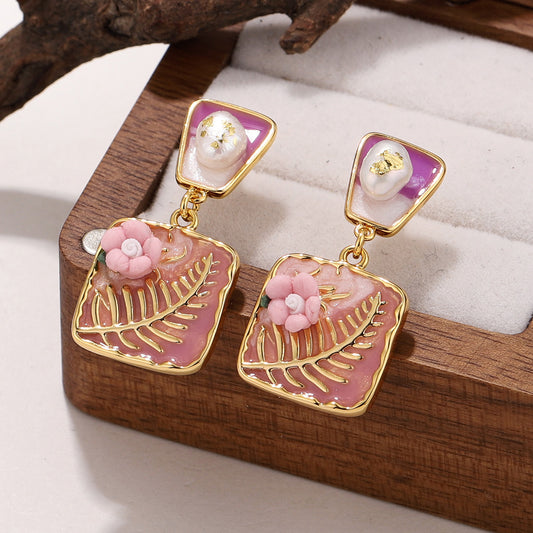 Blush Fern Pearl Drop Earrings – Gold Plated Floral Statement Jewellery | Tvayi