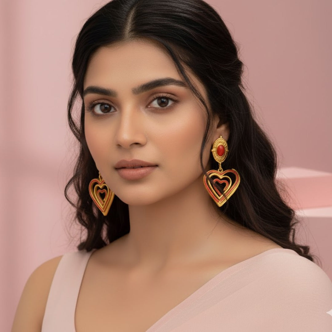 Gold Vermeil Red Heart Drop Earrings | Statement Demifine Anti-Tarnish Jewellery | Tvayi