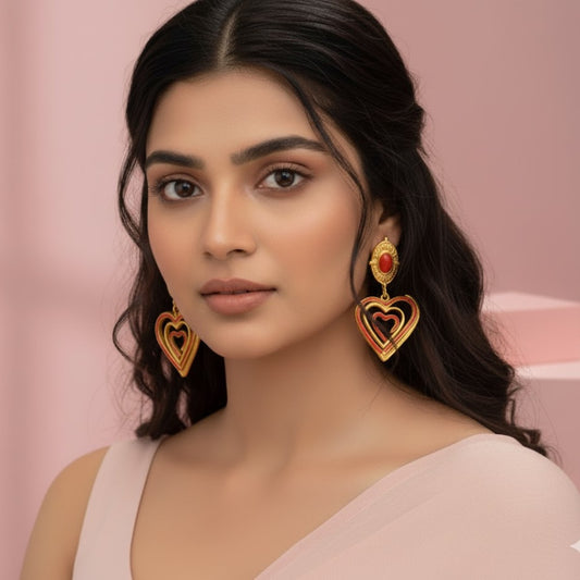 Gold Vermeil Red Heart Drop Earrings | Statement Demifine Anti-Tarnish Jewellery | Tvayi