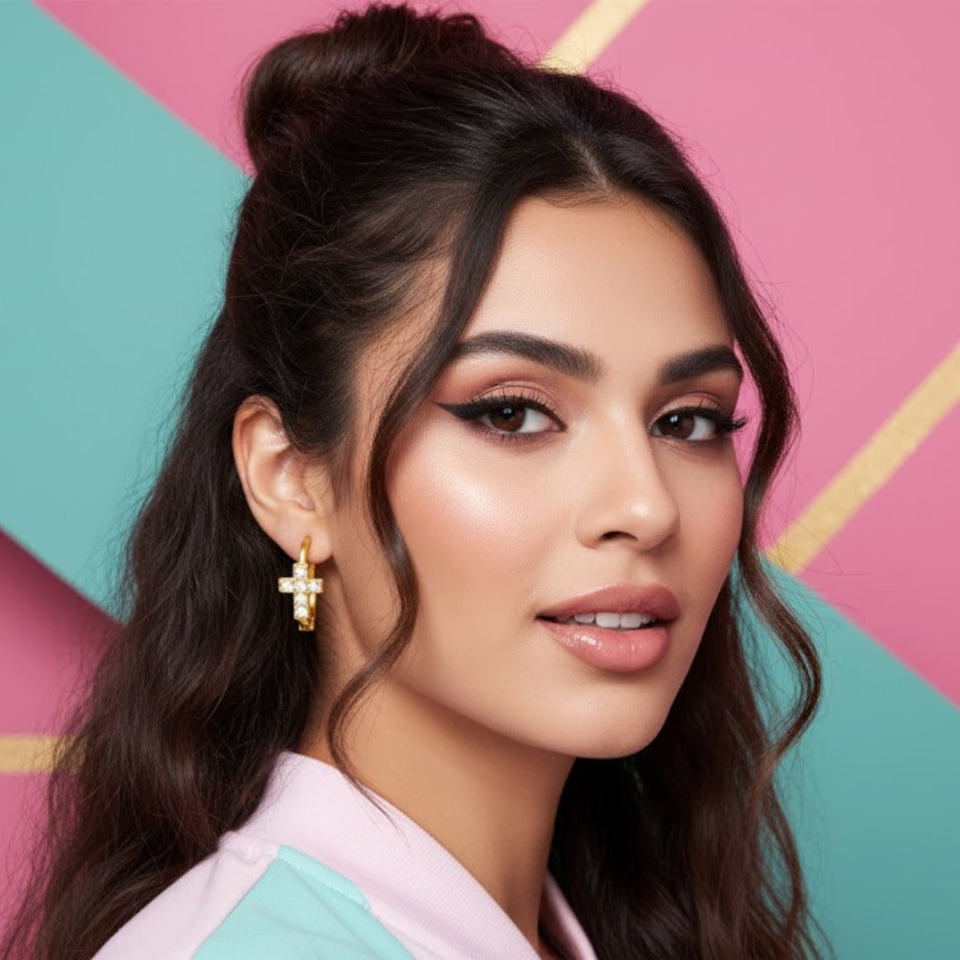 Celeste Cross Charm Hoop Earrings | Tvayi