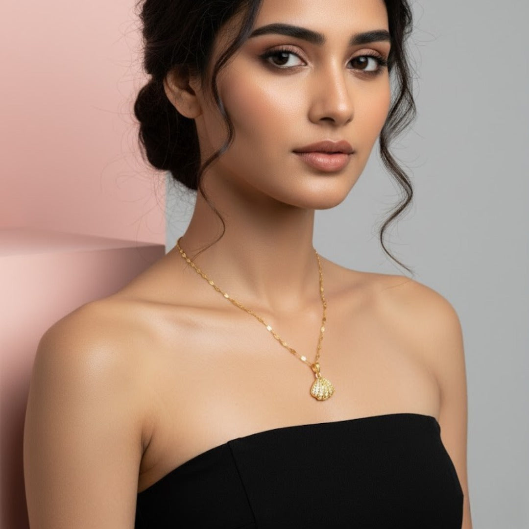 Seashell Pendant Necklace – 18K Gold Plated with CZ Crystals | Demi-Fine Jewellery | Tvayi
