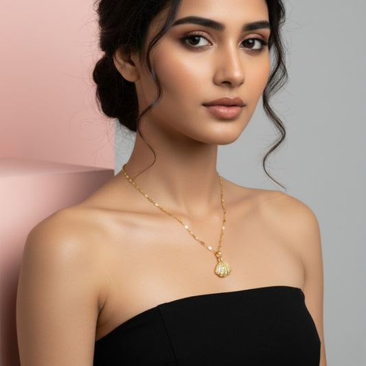 Seashell Pendant Necklace – 18K Gold Plated with CZ Crystals | Demi-Fine Jewellery | Tvayi