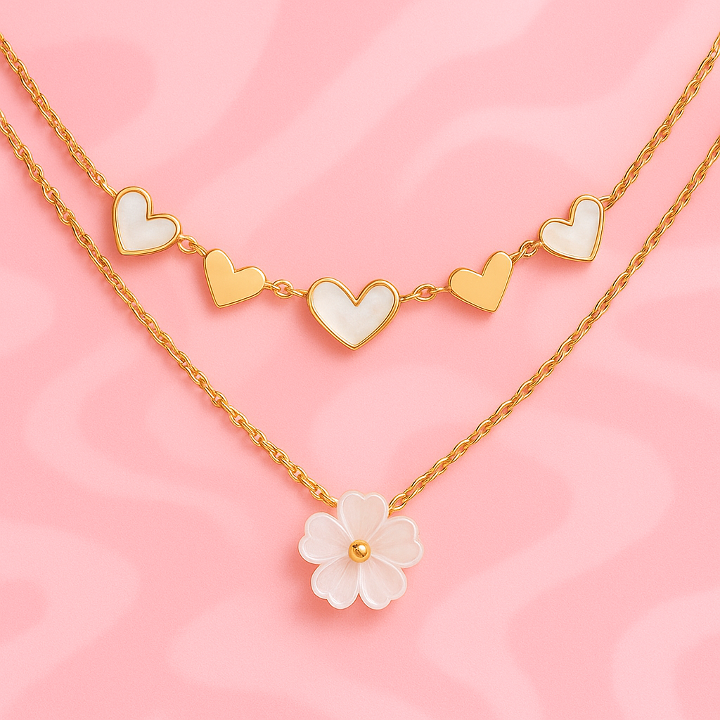 Blush Bloom & Heart Layered Necklace – Gold Plated Demi-Fine Jewellery | Tvayi