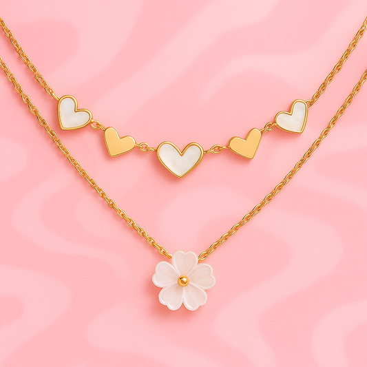 Blush Bloom & Heart Layered Necklace – Gold Plated Demi-Fine Jewellery | Tvayi