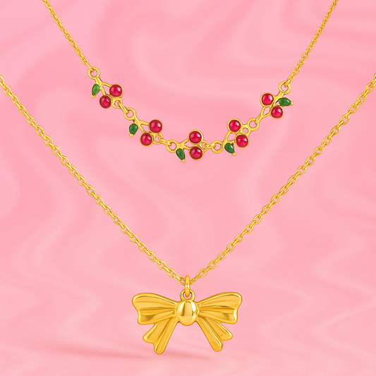 Golden Bow & Cherry Vine Layered Necklace | Tvayi