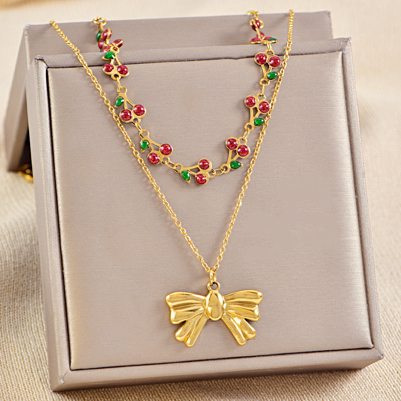 Golden Bow & Cherry Vine Layered Necklace | Tvayi