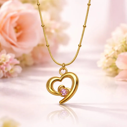 Gold Heart Pendant Necklace with Pink Gemstone | Tvayi