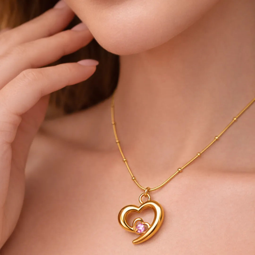Gold Heart Pendant Necklace with Pink Gemstone | Tvayi