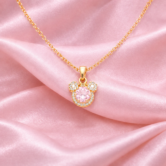 Gold-Plated Mickey Mouse Pendant Necklace with Pink Cubic Zirconia | Tvayi