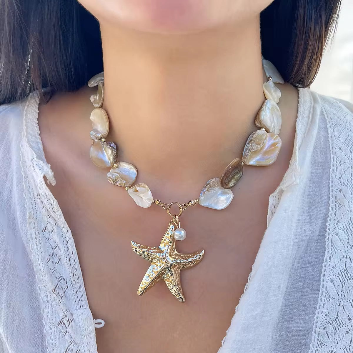 Golden Starfish & Pearl Statement Necklace | Tvayi