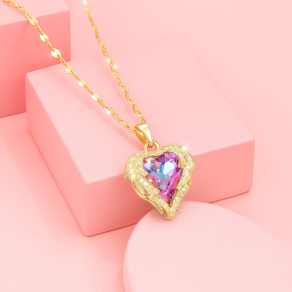 18K Gold Vermeil Heart Pendant Necklace with Iridescent Crystal | Tvayi