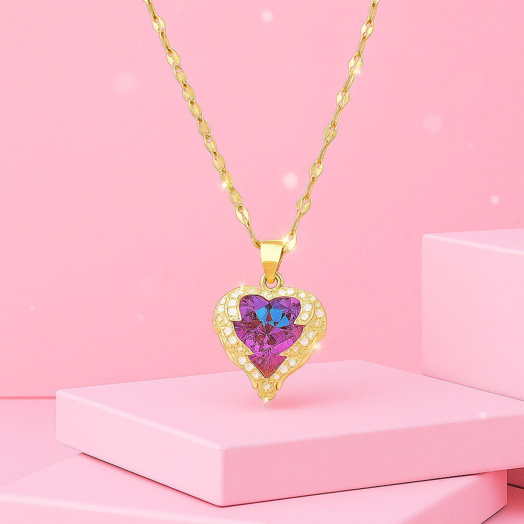18K Gold Vermeil Heart Pendant Necklace with Iridescent Crystal | Tvayi