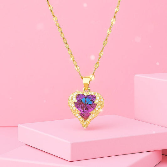 18K Gold Vermeil Heart Pendant Necklace with Iridescent Crystal | Tvayi