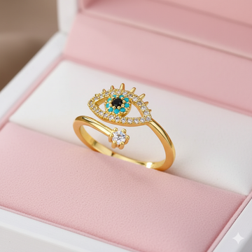 Gold Plated Evil Eye Adjustable Ring with CZ Stones | Tvayi