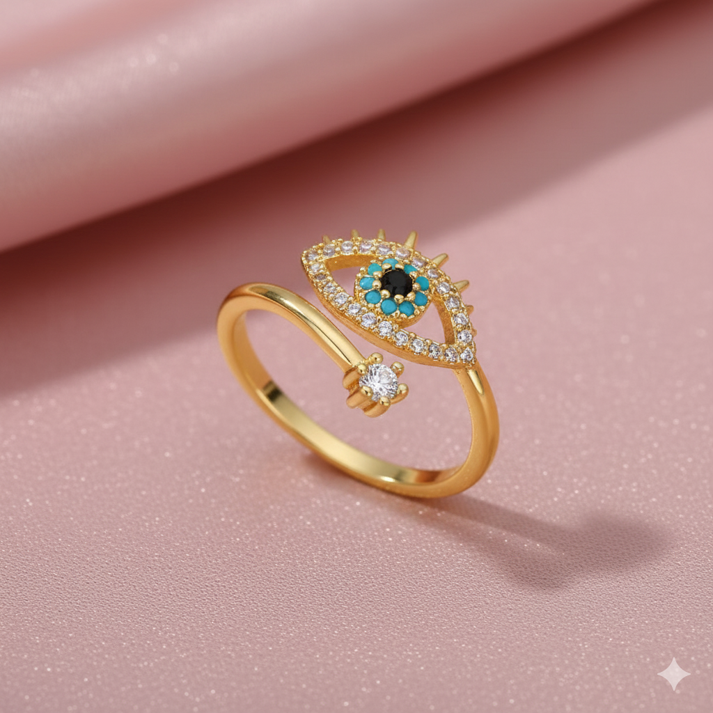 Gold Plated Evil Eye Adjustable Ring with CZ Stones | Tvayi