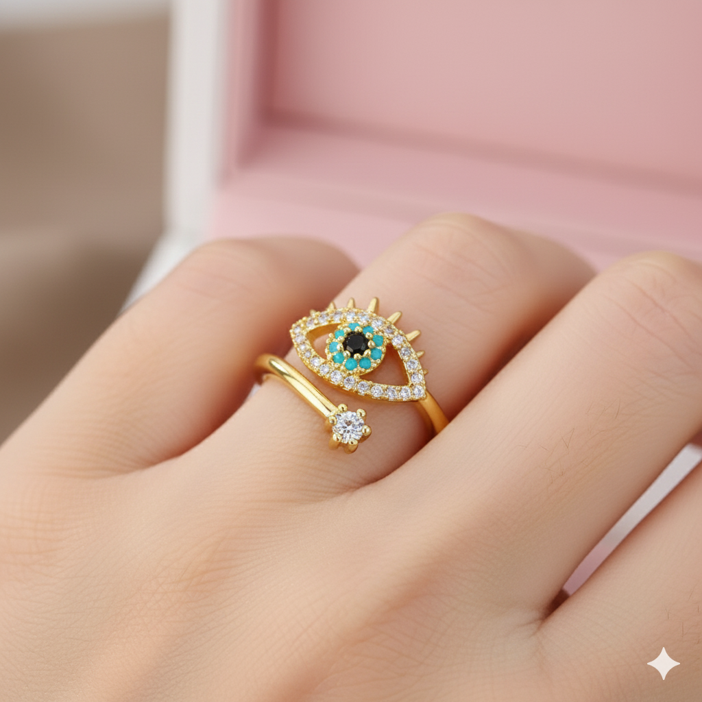 Gold Plated Evil Eye Adjustable Ring with CZ Stones | Tvayi