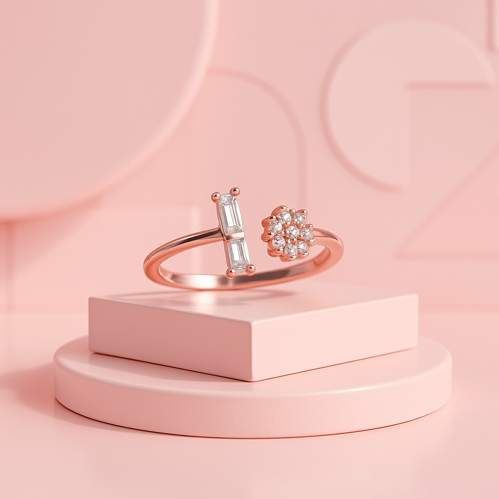Rose Gold Studded Floral Adjustable Ring | Tvayi Jewellery