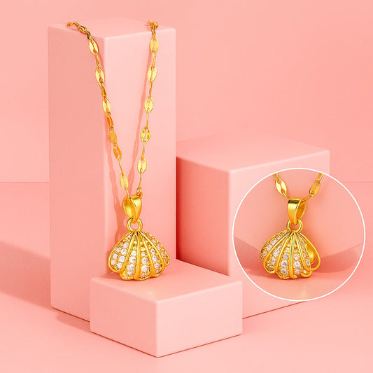 Seashell Pendant Necklace – 18K Gold Plated with CZ Crystals | Demi-Fine Jewellery | Tvayi
