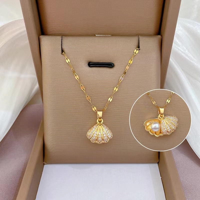 Seashell Pendant Necklace – 18K Gold Plated with CZ Crystals | Demi-Fine Jewellery | Tvayi